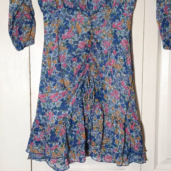 NEW Zara Ruched‎ Floral V-Neck Mini Dress Blue Multi 3/4 Sheer Sleeves Size XS - Picture 4 of 10